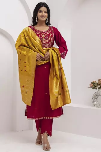 maroon viscose silk festive kurta set