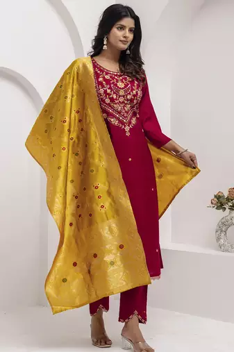 maroon viscose silk festive kurta set