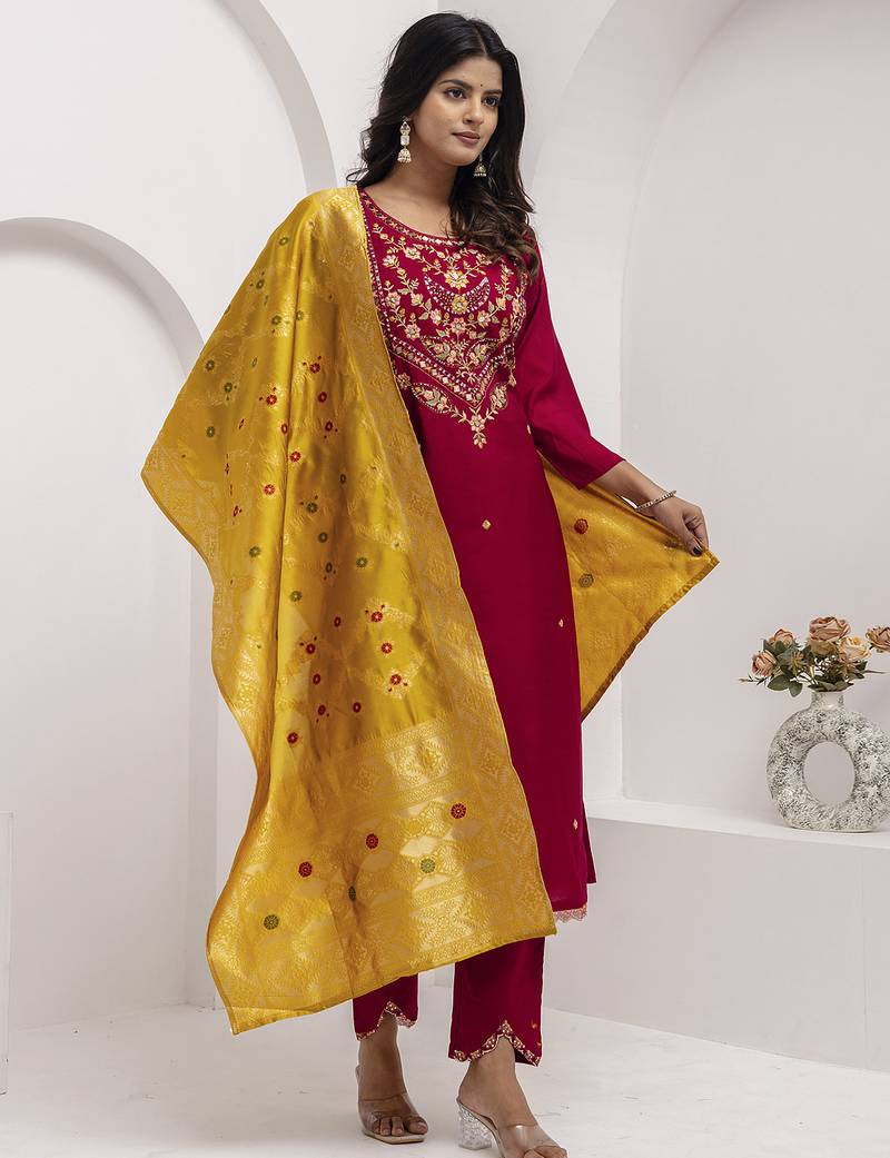maroon viscose silk festive kurta set