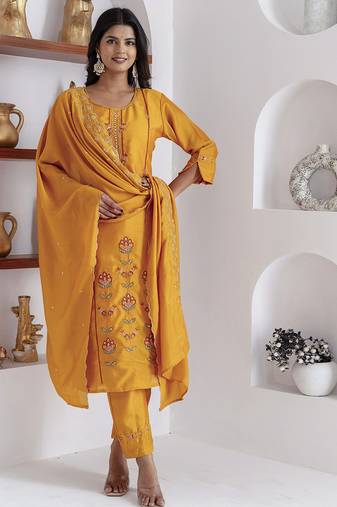 yellow viscose silk festive kurta set