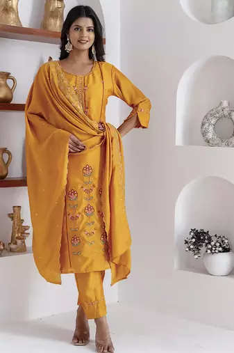 yellow viscose silk festive kurta set