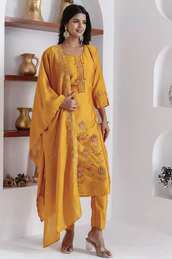 yellow viscose silk festive kurta set