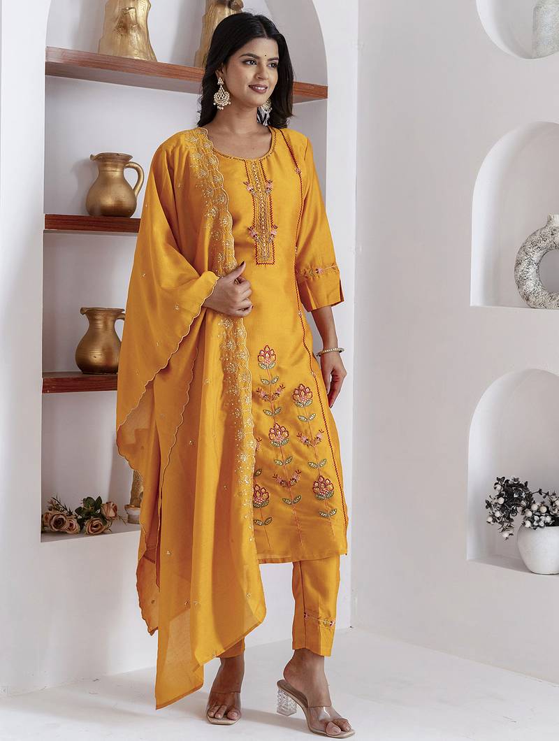 yellow viscose silk festive kurta set