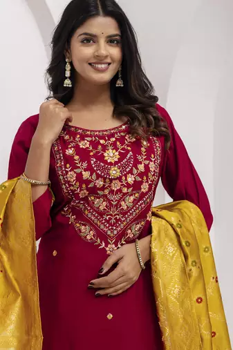 maroon viscose silk festive kurta set