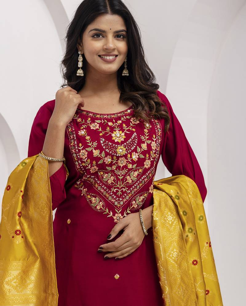 maroon viscose silk festive kurta set