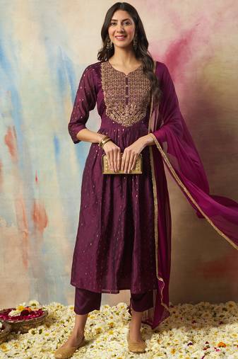 purple cotton silk festive kurta set