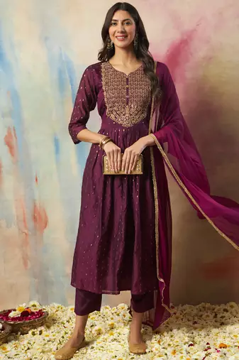 purple cotton silk festive kurta set