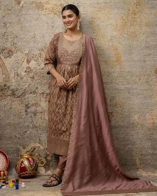 brown cotton silk festive kurta set 1