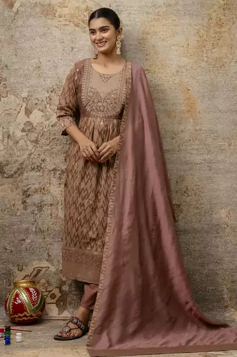 brown cotton silk festive kurta set
