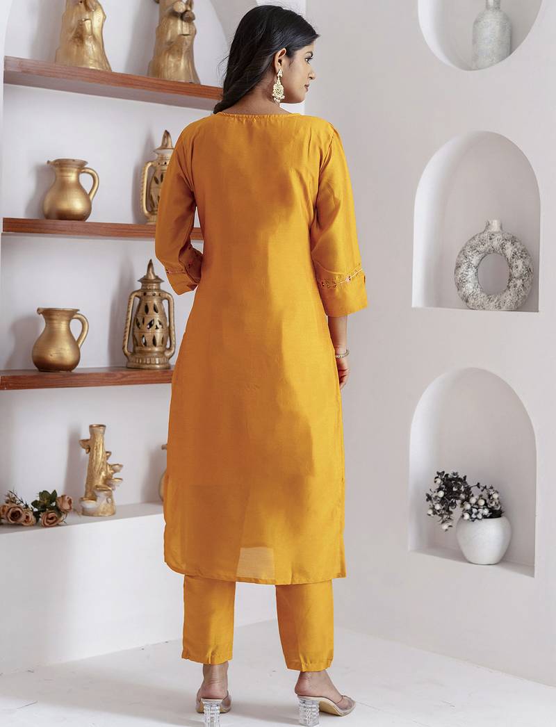 yellow viscose silk festive kurta set