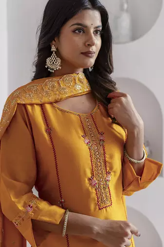 yellow viscose silk festive kurta set