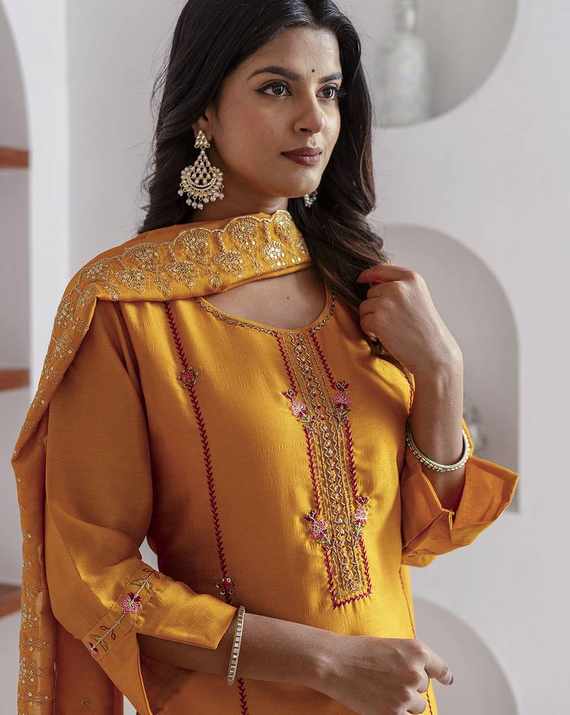 yellow viscose silk festive kurta set