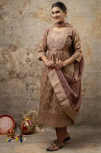 brown cotton silk festive kurta set