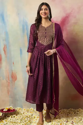 purple cotton silk festive kurta set
