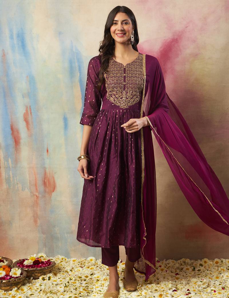 purple cotton silk festive kurta set