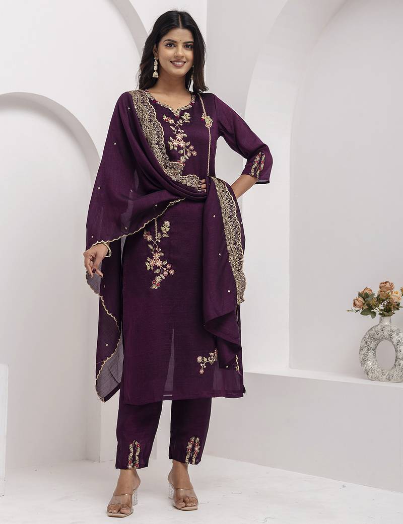 wine viscose silk festive kurta set