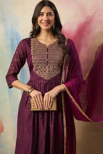 purple cotton silk festive kurta set