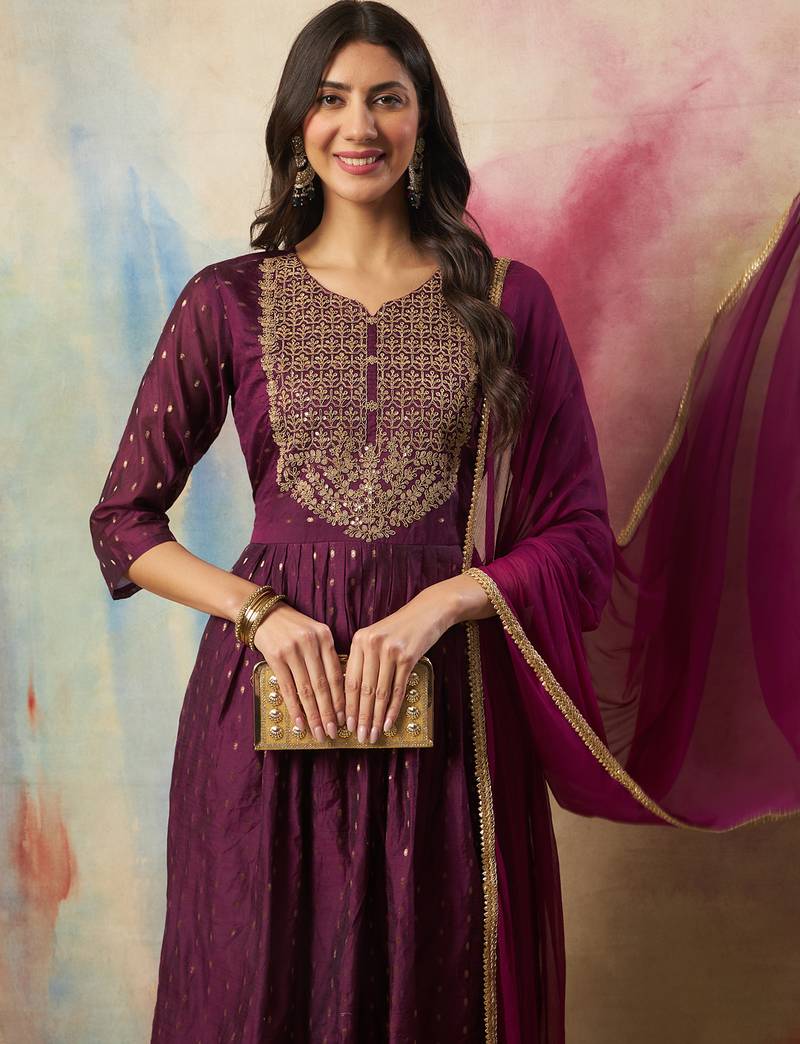 purple cotton silk festive kurta set