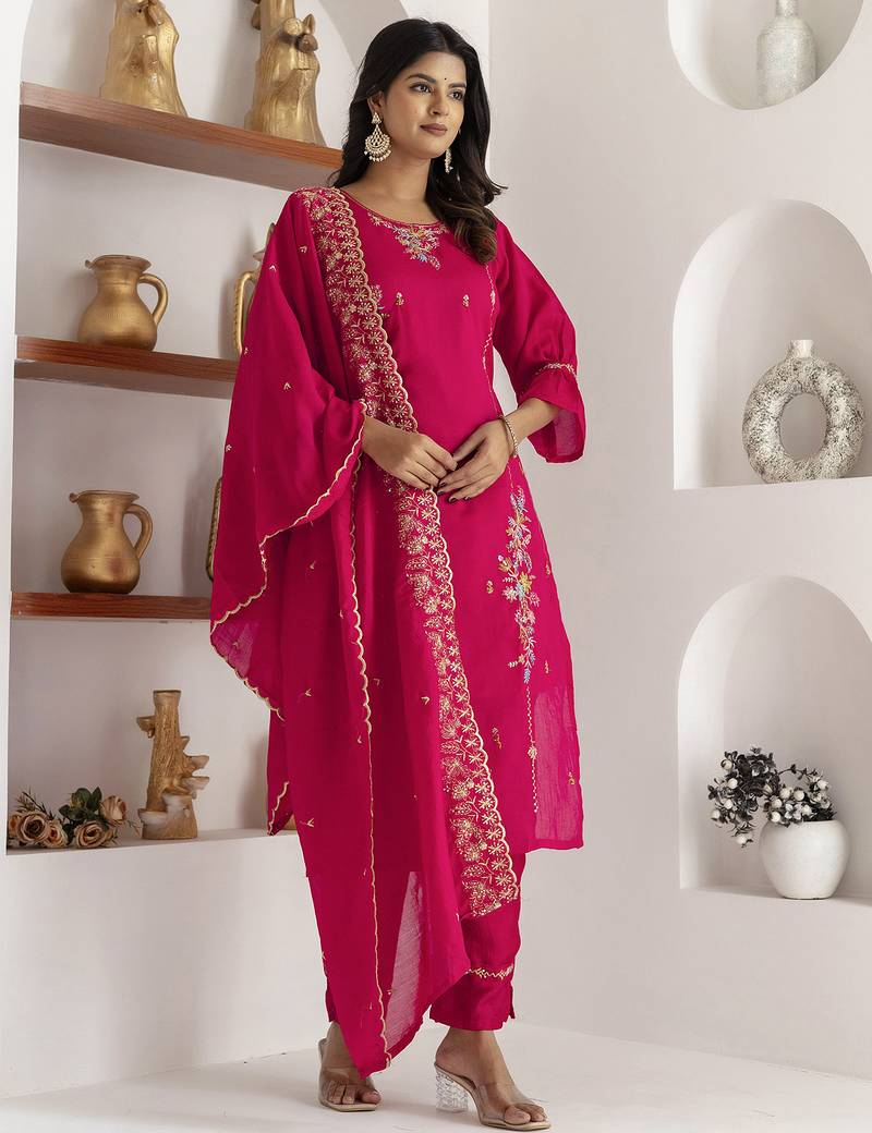 pink viscose silk festive kurta set