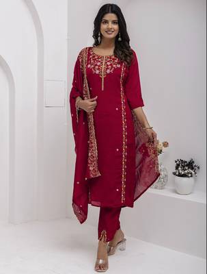 maroon viscose silk festive kurta set 1