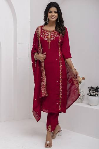 maroon viscose silk festive kurta set