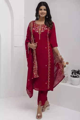 maroon viscose silk festive kurta set