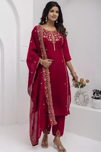 maroon viscose silk festive kurta set