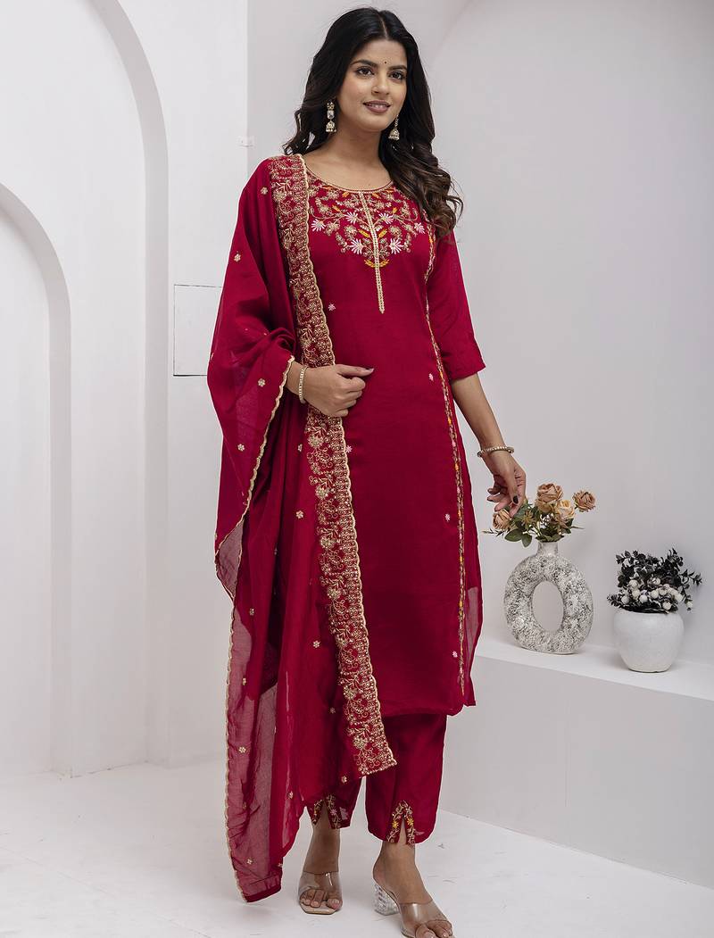 maroon viscose silk festive kurta set