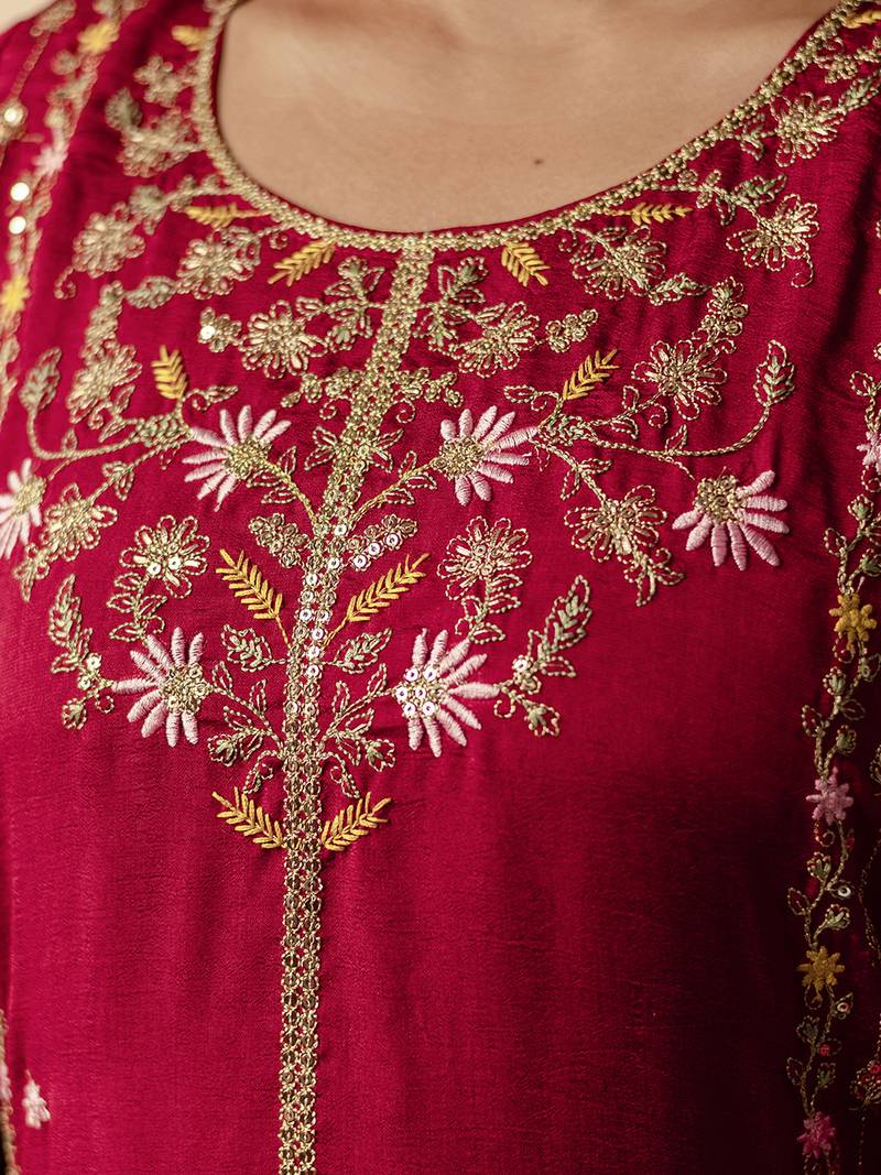 maroon viscose silk festive kurta set