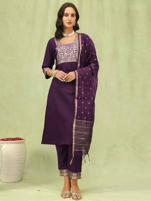 purple blended cotton festive kurta set 1