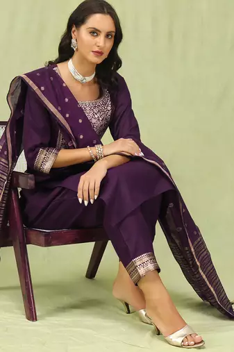 purple blended cotton festive kurta set