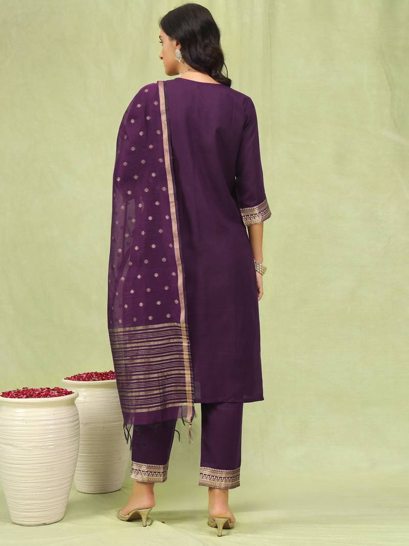 purple blended cotton festive kurta set