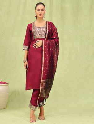 maroon blended cotton festive kurta set 1