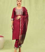maroon blended cotton festive kurta set