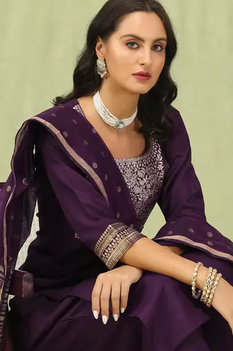 purple blended cotton festive kurta set