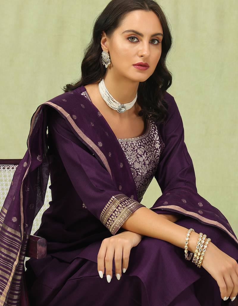 purple blended cotton festive kurta set
