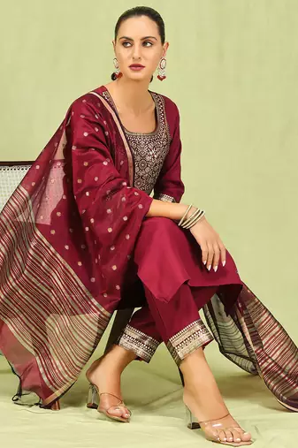 maroon blended cotton festive kurta set