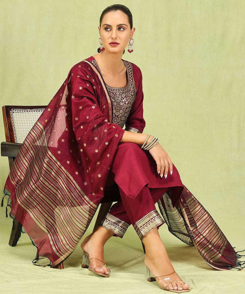 maroon blended cotton festive kurta set