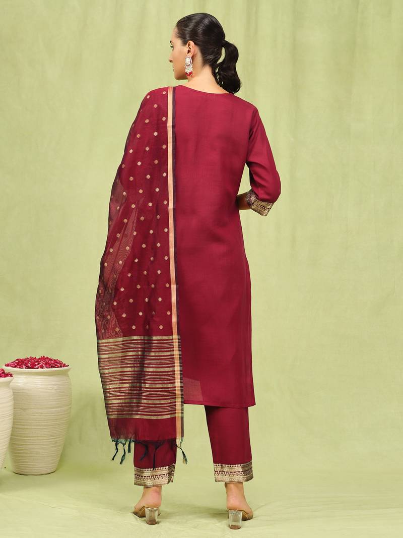 maroon blended cotton festive kurta set