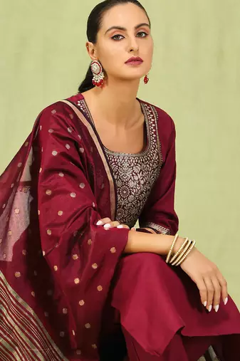 maroon blended cotton festive kurta set