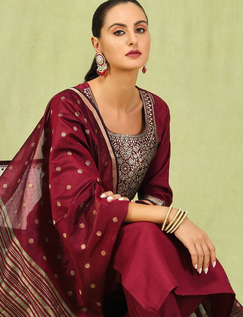 maroon blended cotton festive kurta set