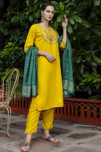 yellow silk blend festive kurta set