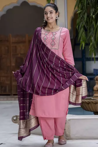 pink cotton silk festive kurta set