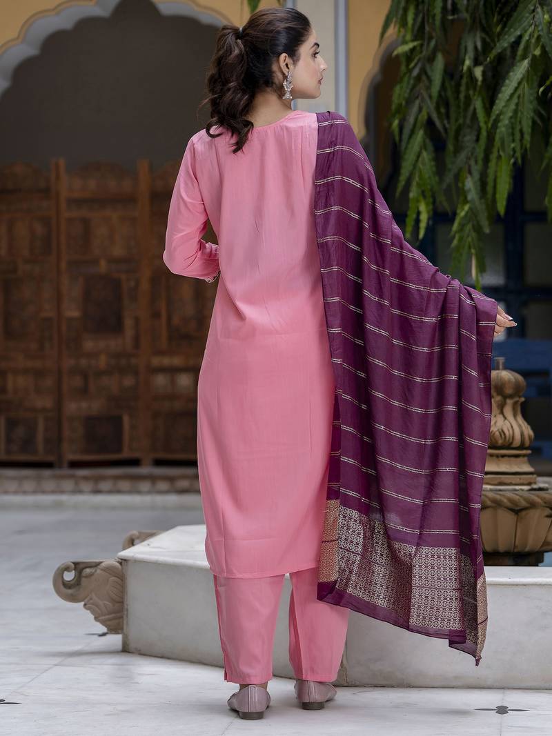 pink cotton silk festive kurta set
