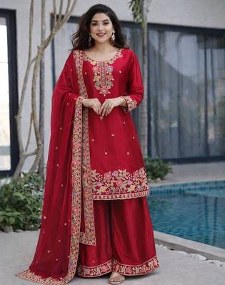 Red jimi choo embroidered palazzo suit set with dupatta 1
