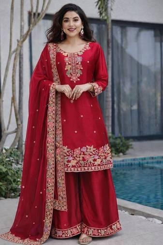 Red jimi choo embroidered palazzo suit set with dupatta