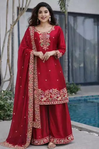 Red jimi choo embroidered palazzo suit set with dupatta