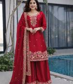 Red jimi choo embroidered palazzo suit set with dupatta