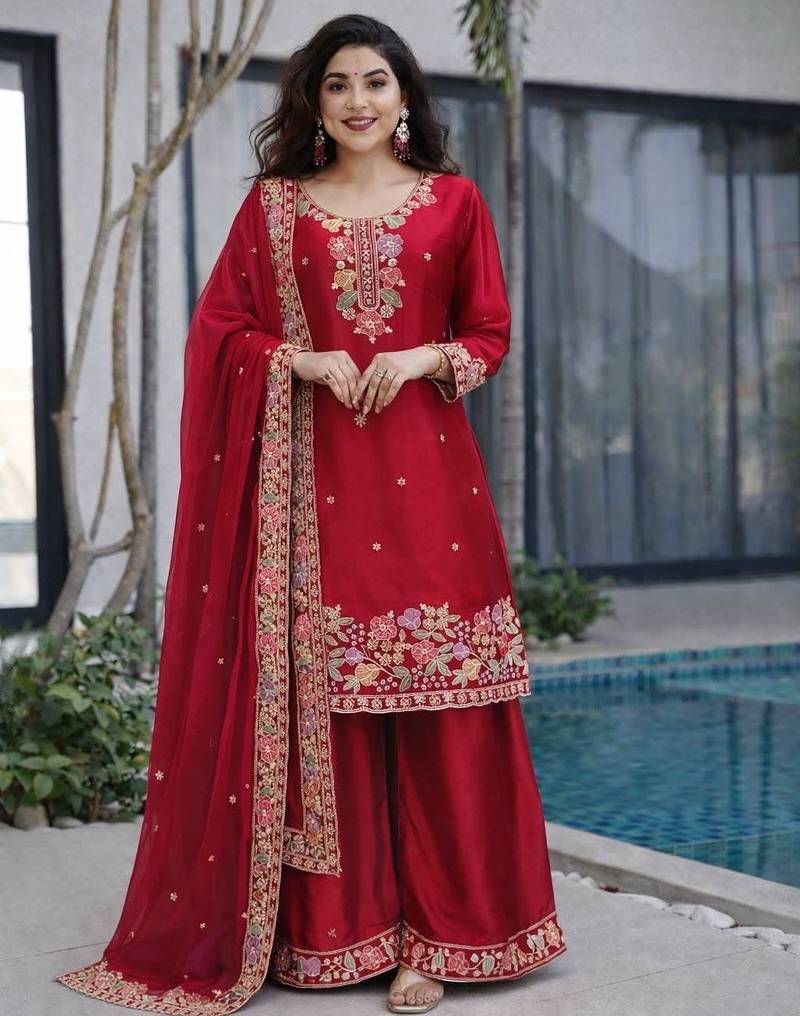 Red jimi choo embroidered palazzo suit set with dupatta