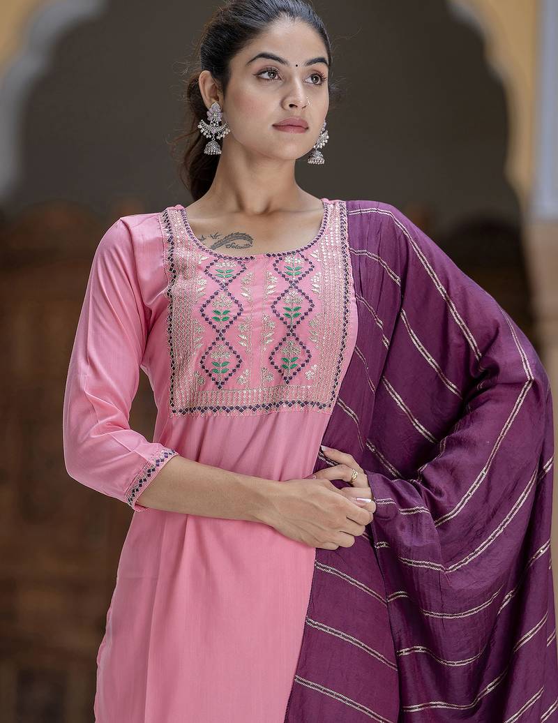 pink cotton silk festive kurta set